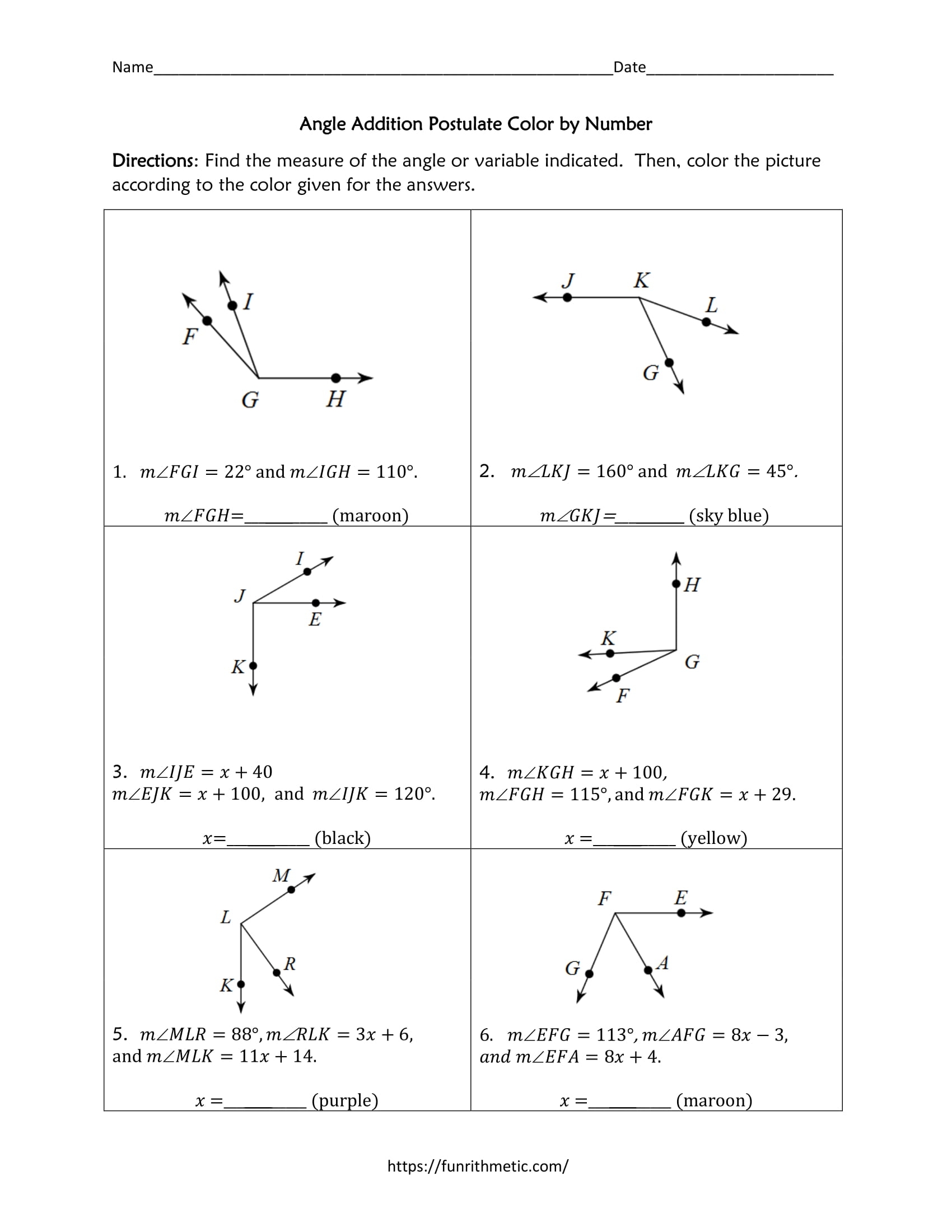 Angle Addition Postulate Color By Number Funrithmetic