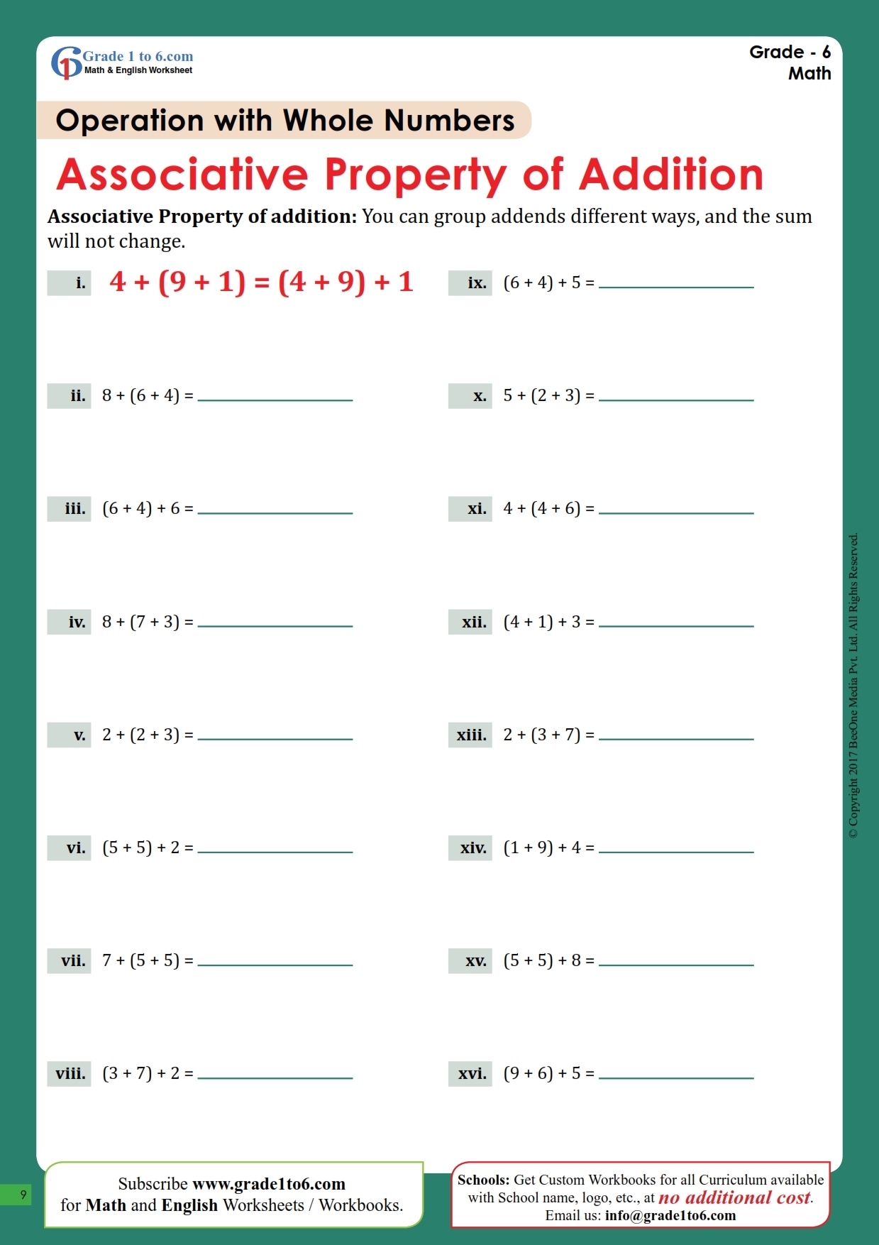 Associative Property Of Addition Worksheet Grade 6