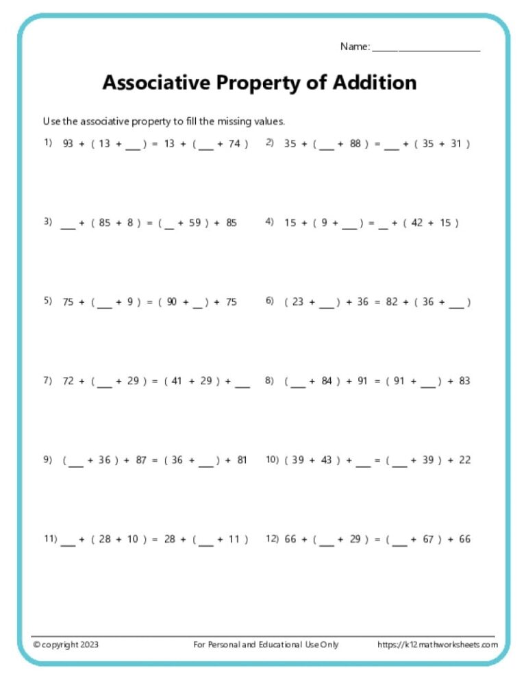 Associative Property Of Addition Worksheets K12 Math Worksheets