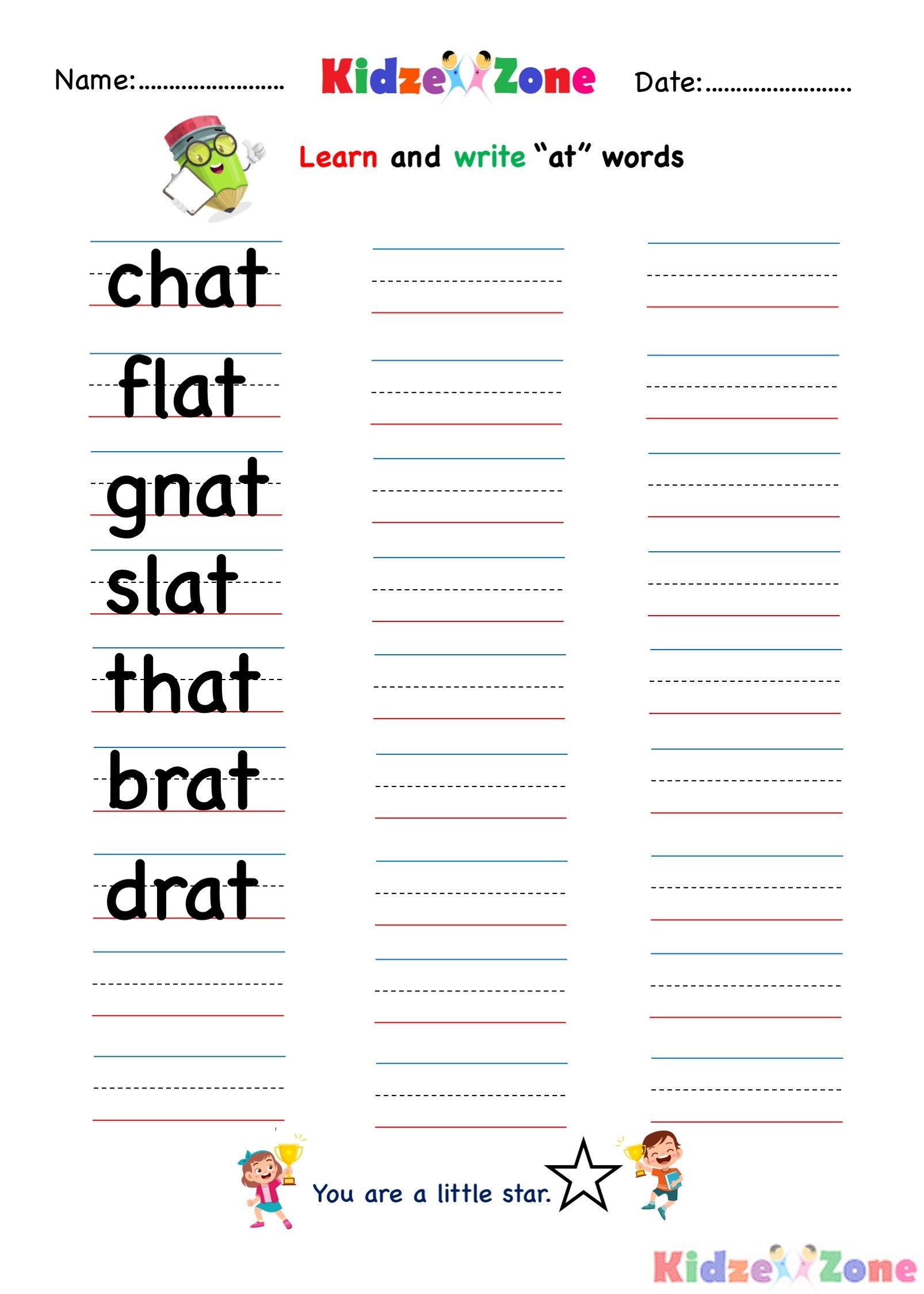 At Word Family Writing Worksheet KidzeZone