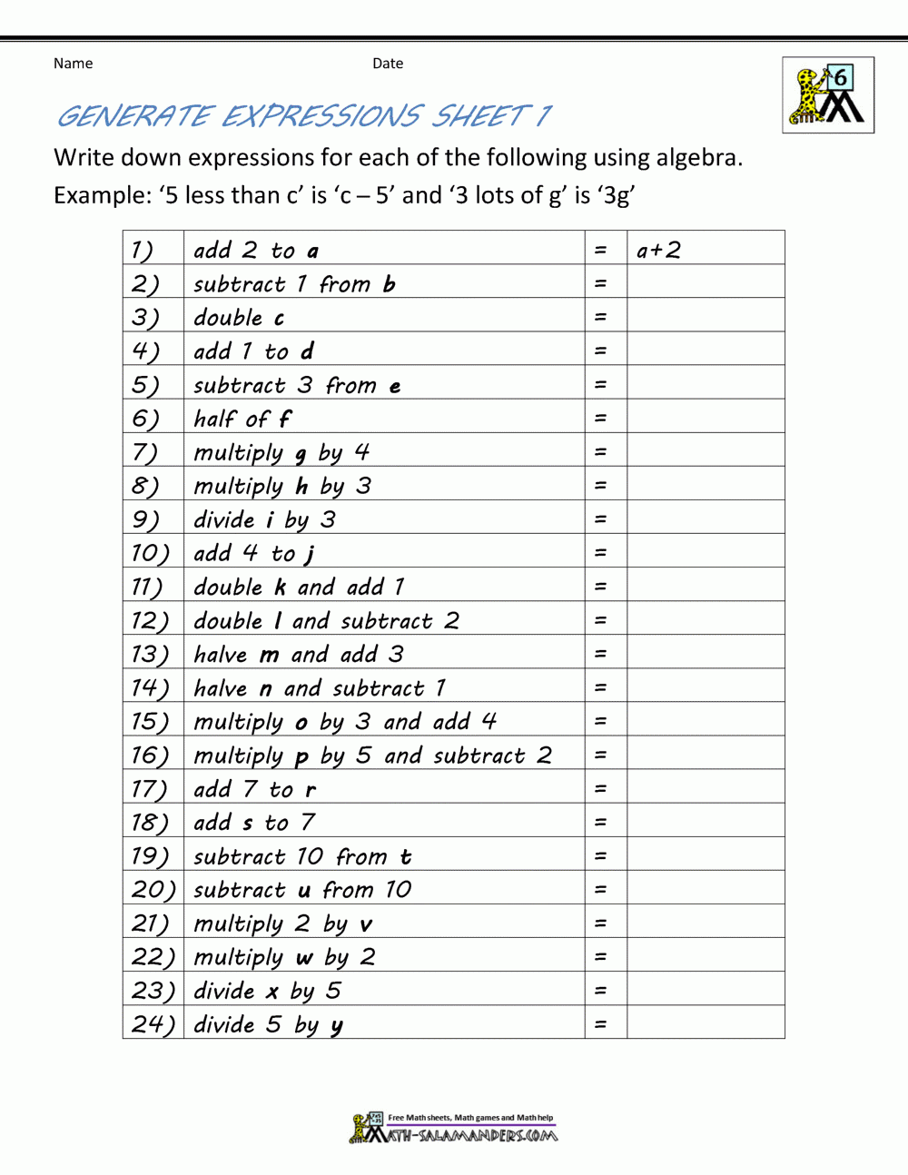 simple algebraic equations worksheets