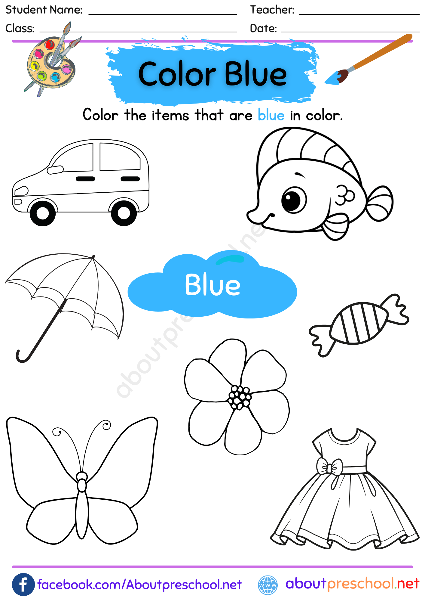 printable color blue worksheets for preschool