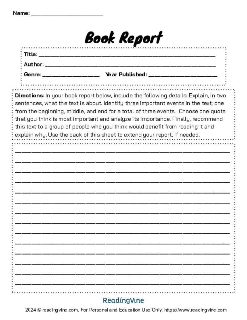 free book report templates