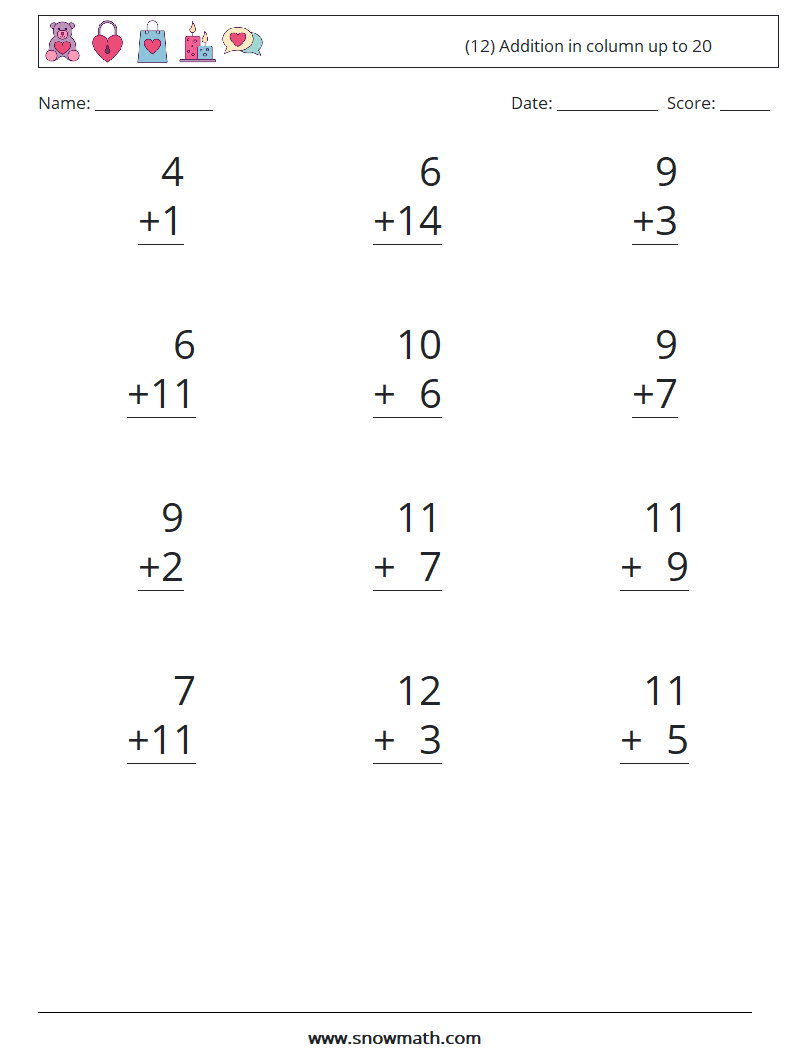 addition within 20 worksheets pdf