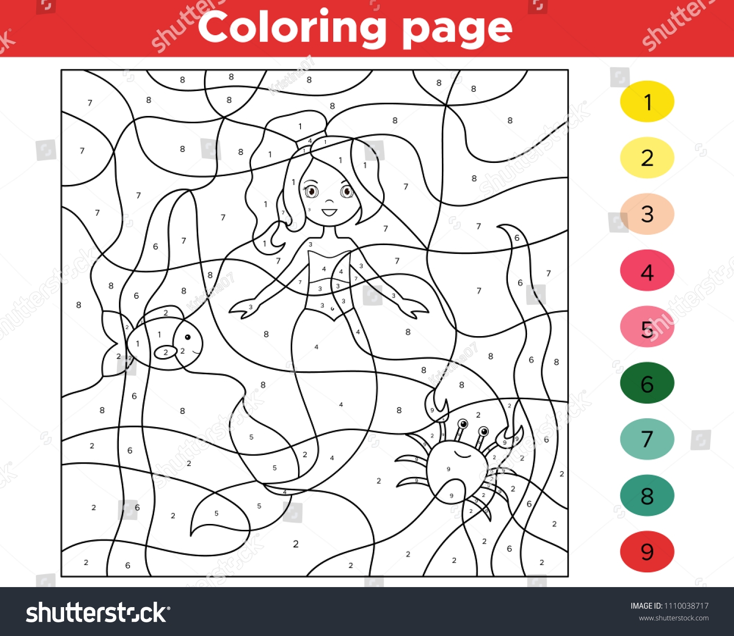 Color By Numbers Cartoon Mermaid Fish Stock Vector Royalty Free 1110038717 Shutterstock