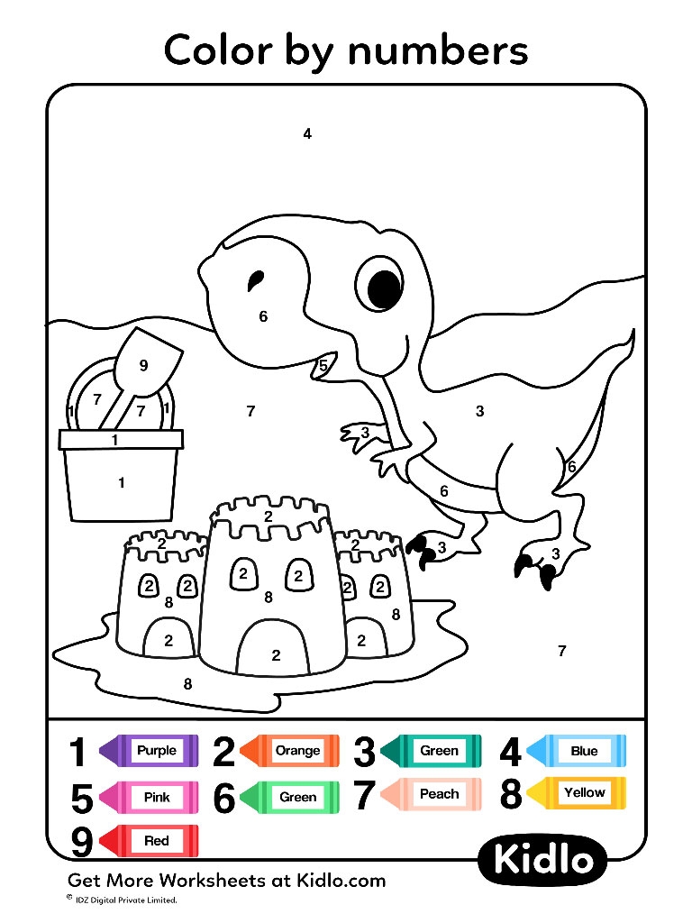 Color By Numbers Dino Worksheet 50 Kidlo