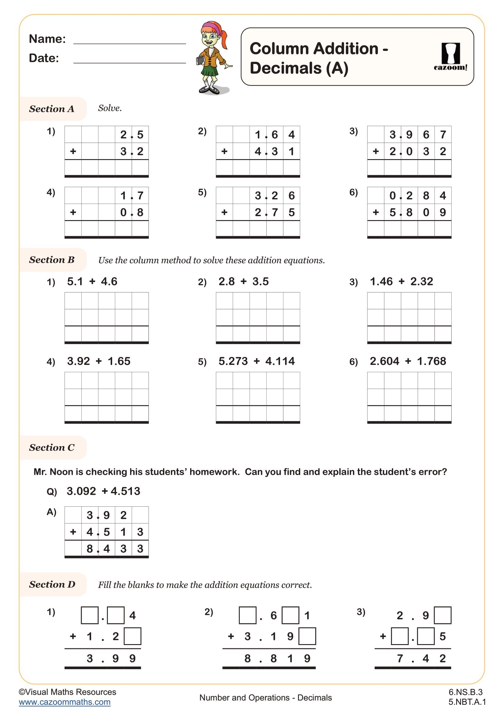 Column Addition Decimals A Worksheet Fun And Engaging 5th And 6th Grade Number Operations Worksheet