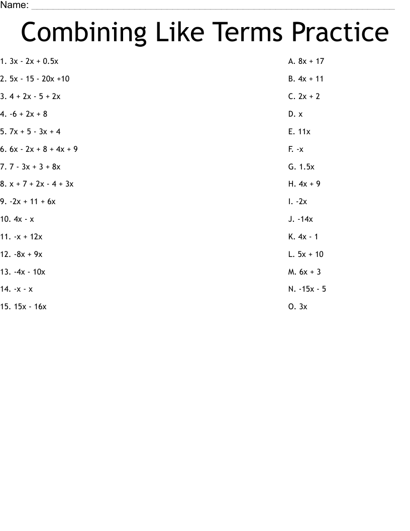 combining like terms worksheet combining like terms worksheet