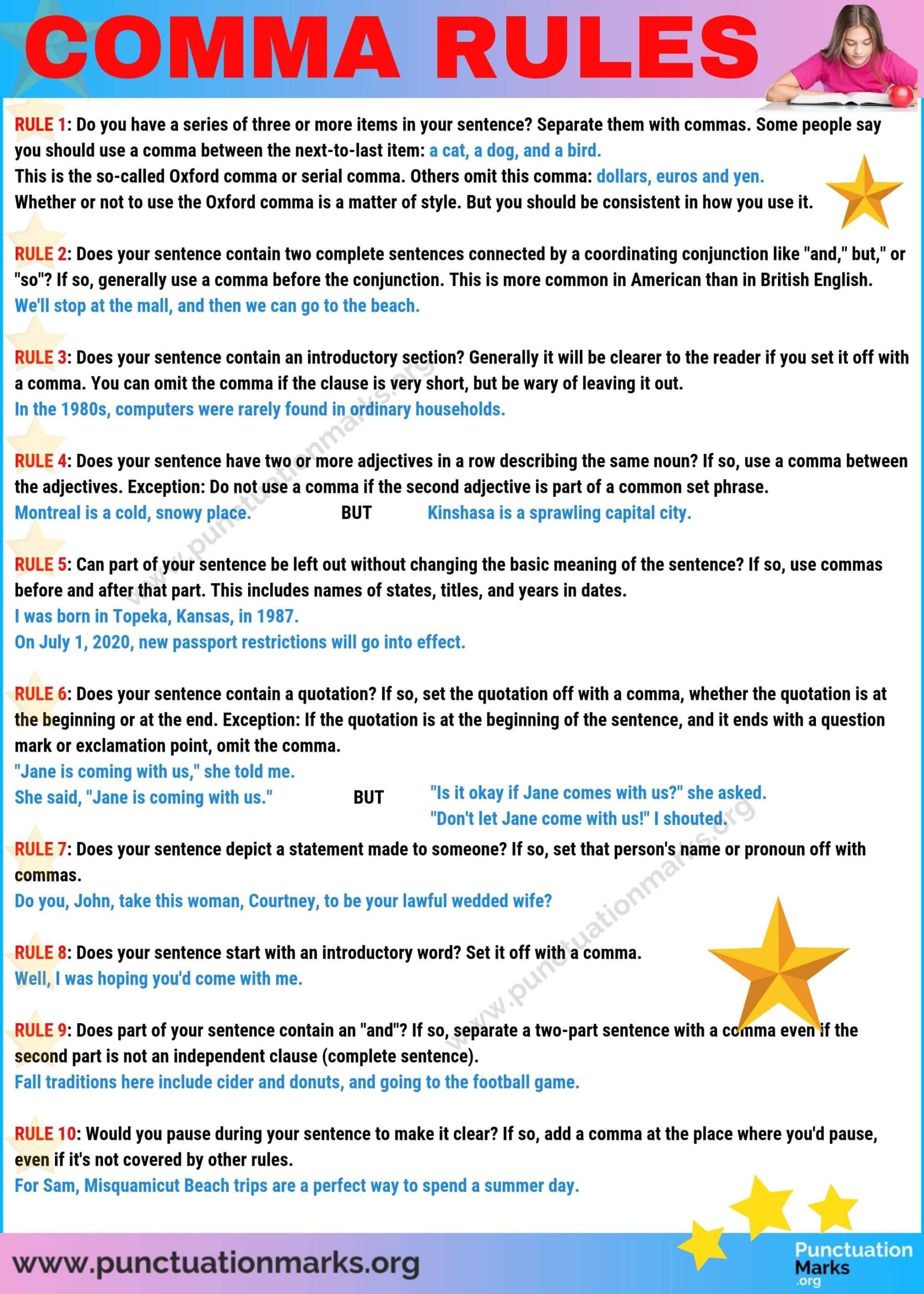 Comma When To Use Commas With Useful Comma Rules Punctuation Marks