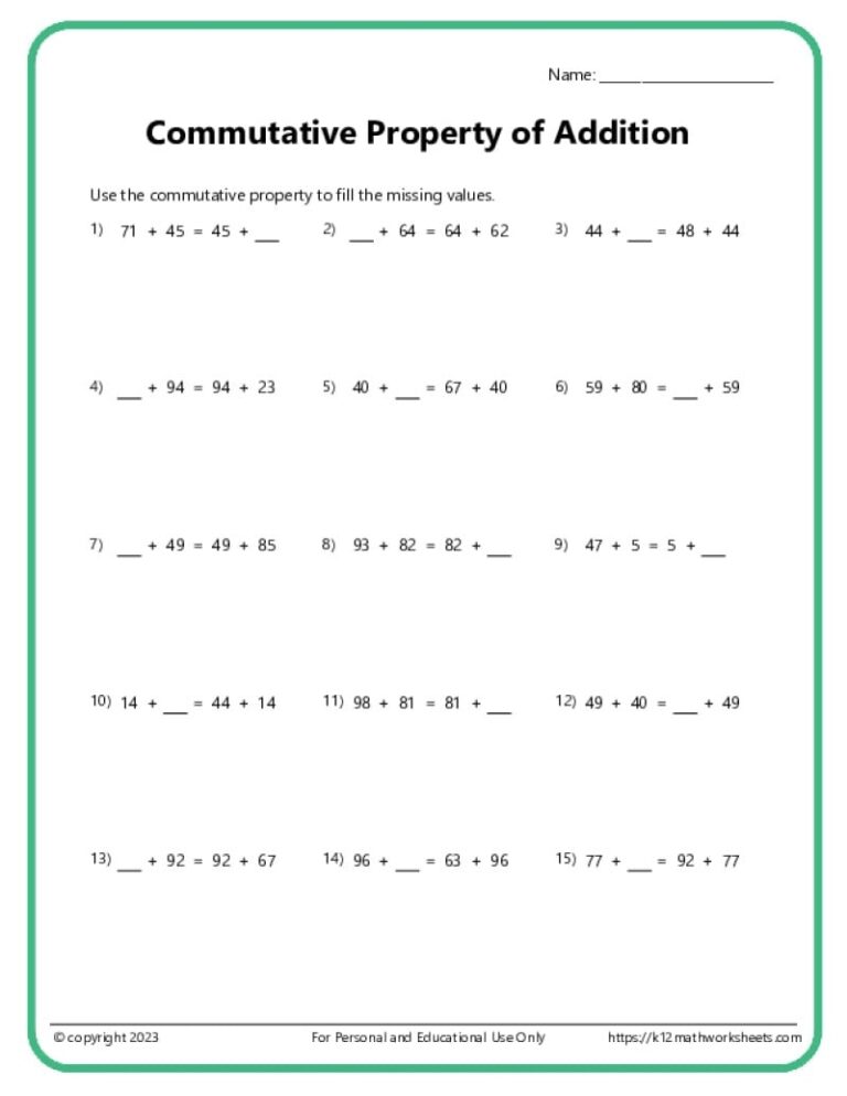 Commutative Property Of Addition Worksheets
