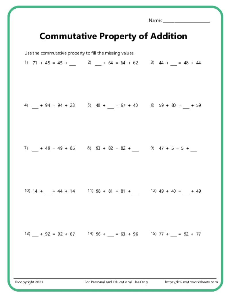 Commutative Property Of Addition Worksheets