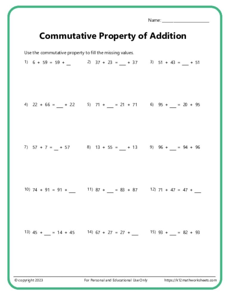 Commutative Property Of Addition Worksheets