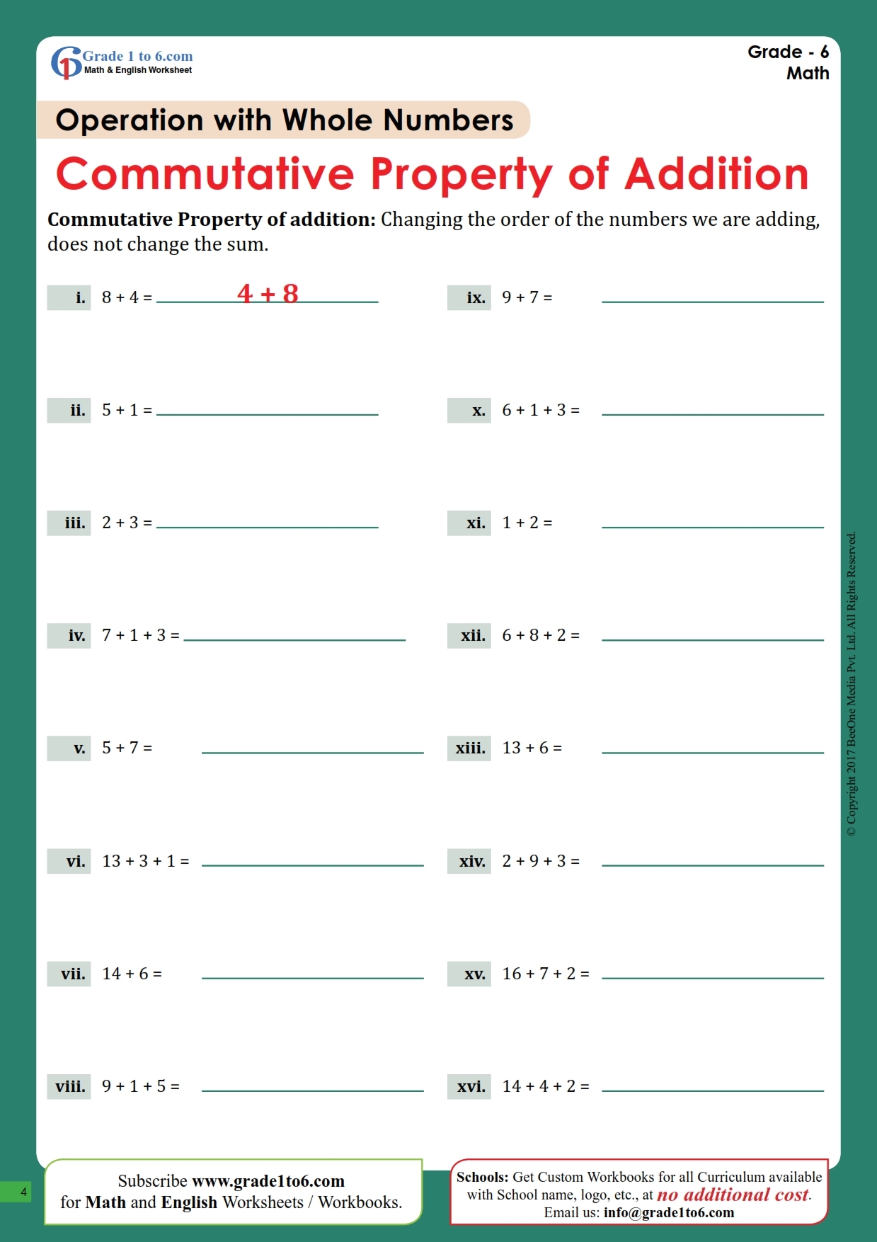 Commutative Property Of Addition Worksheets Grade1to6