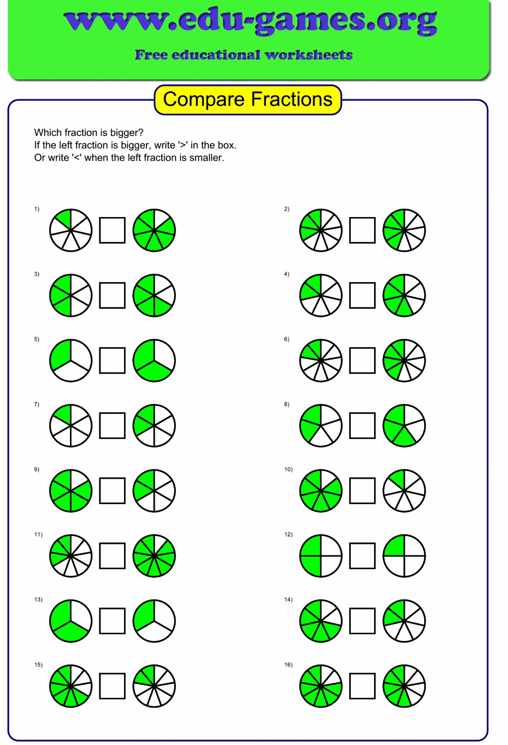comparing fractions worksheets same denominator