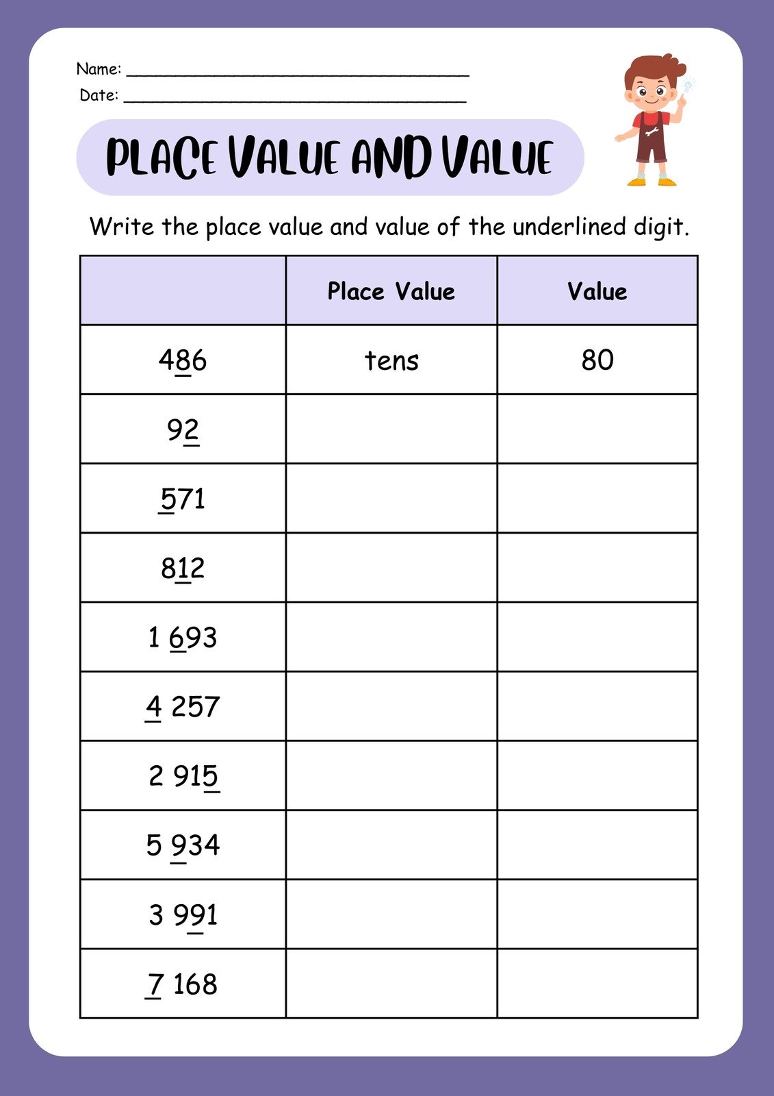 place and place value worksheets