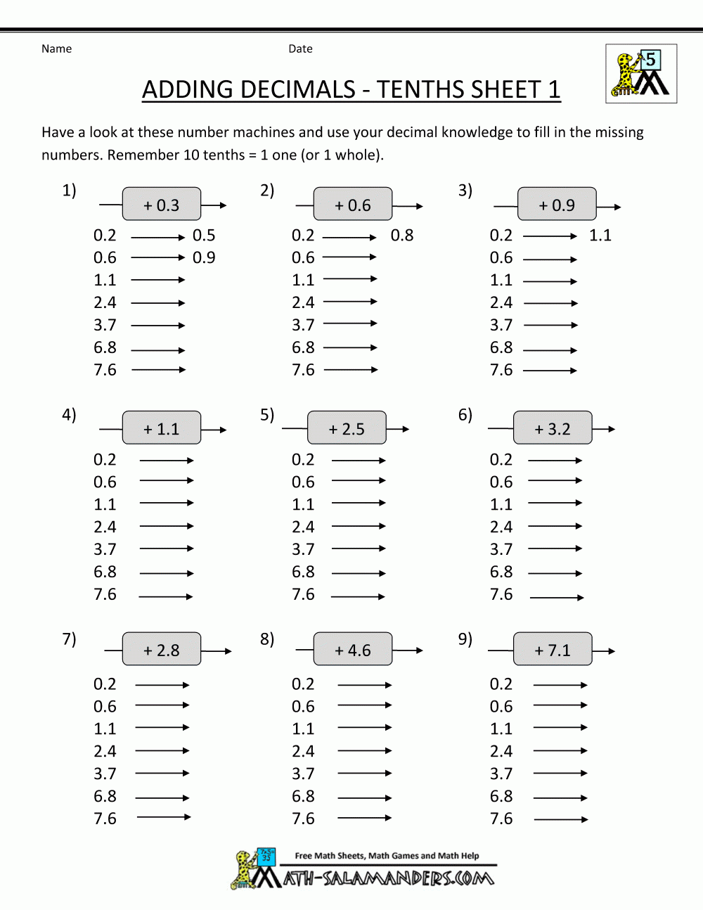 addition of decimals worksheet