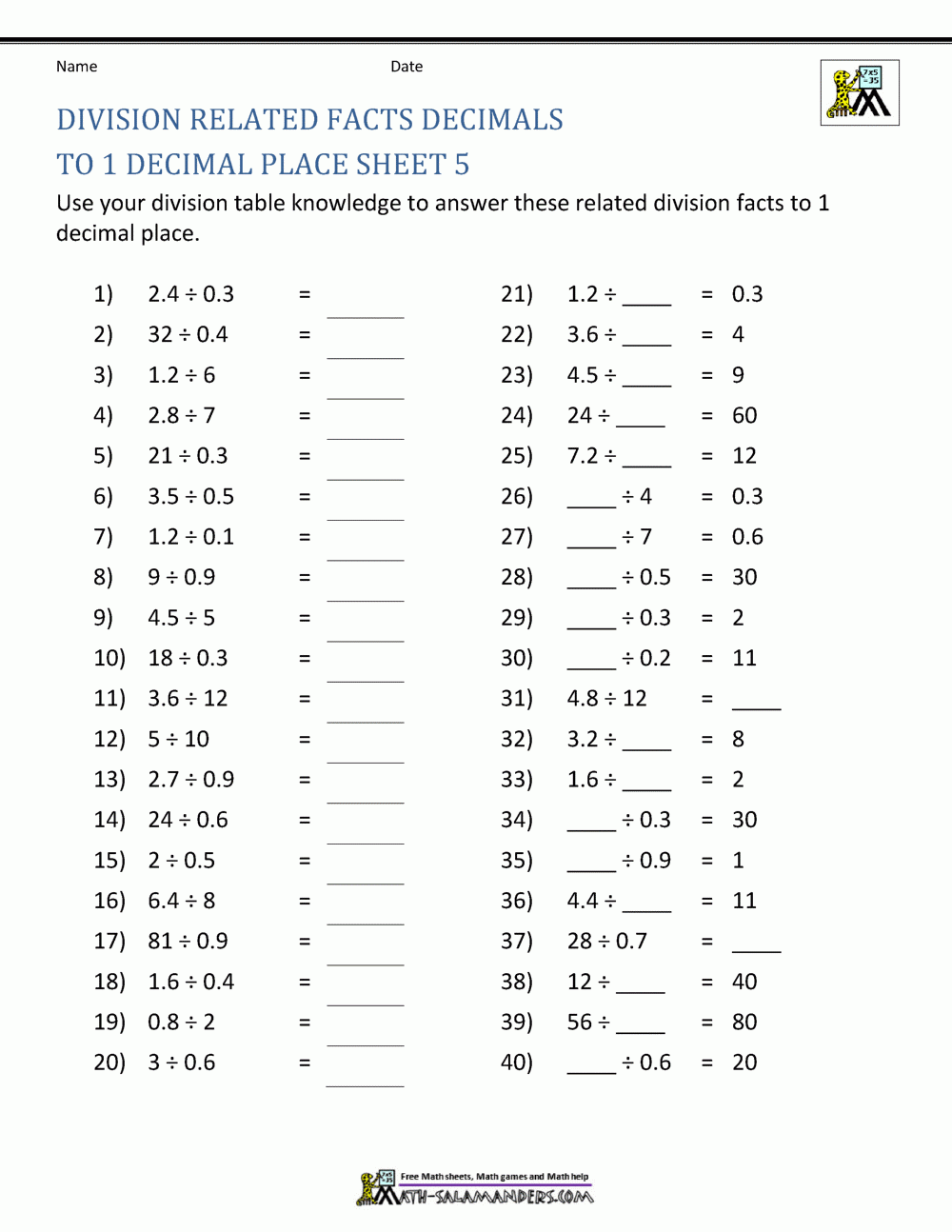 dividing decimals by decimals worksheet