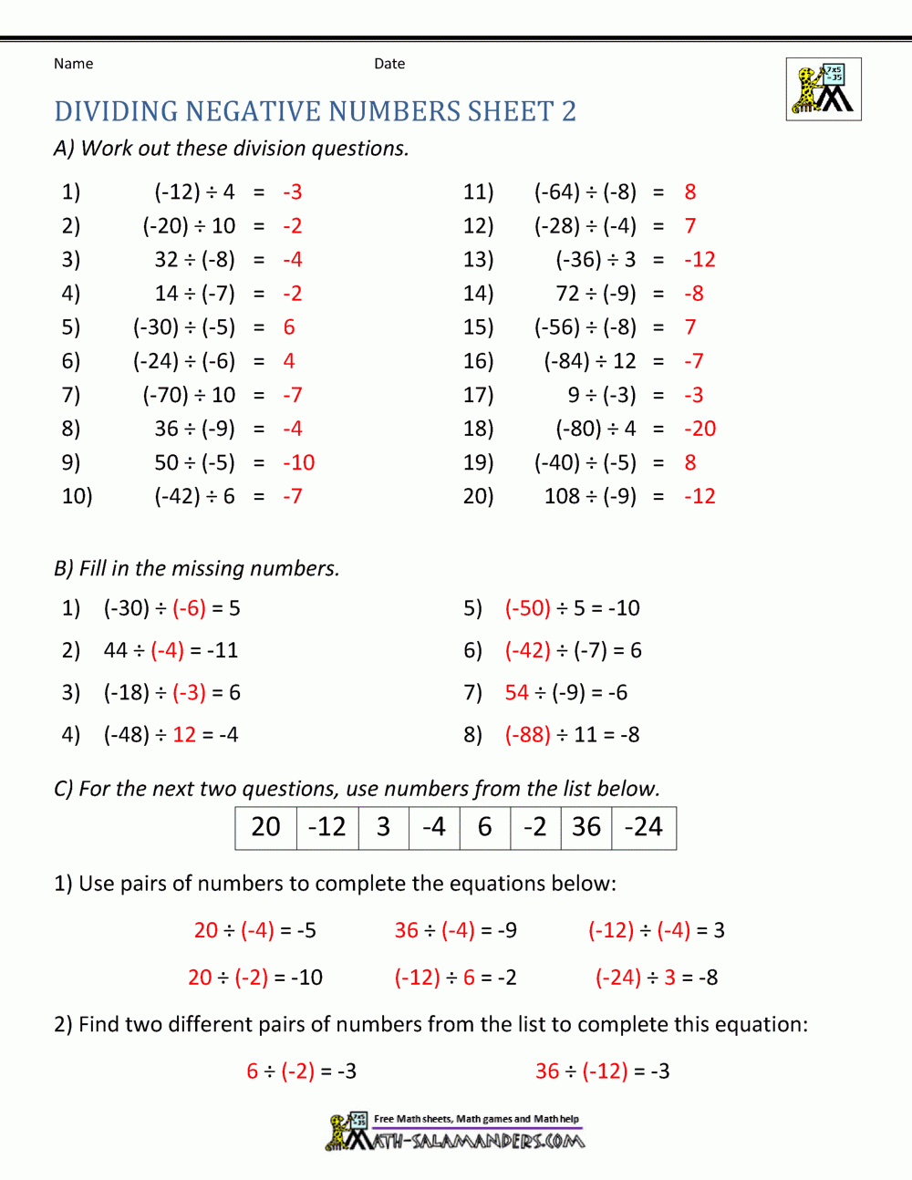 Dividing Negative Numbers