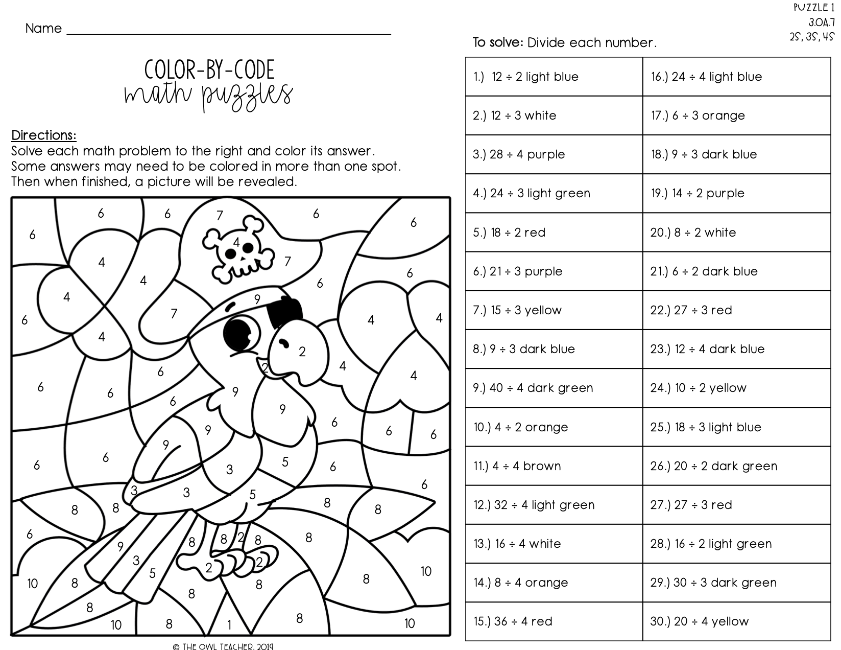 Division Facts Color By Number The Owl Teacher