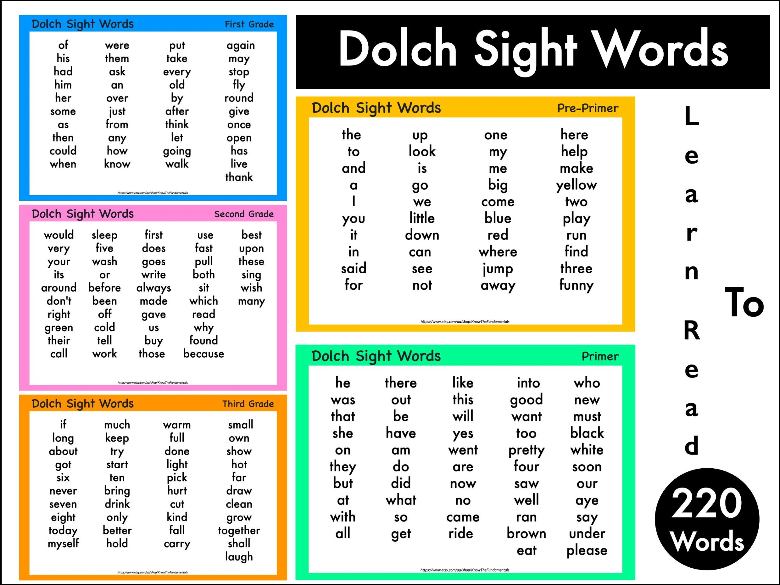 Dolch Sight Words Pre primer Primer First Second Third Grade Sight Words Printable Homeschooling Phonics Poster 220 Words List Etsy
