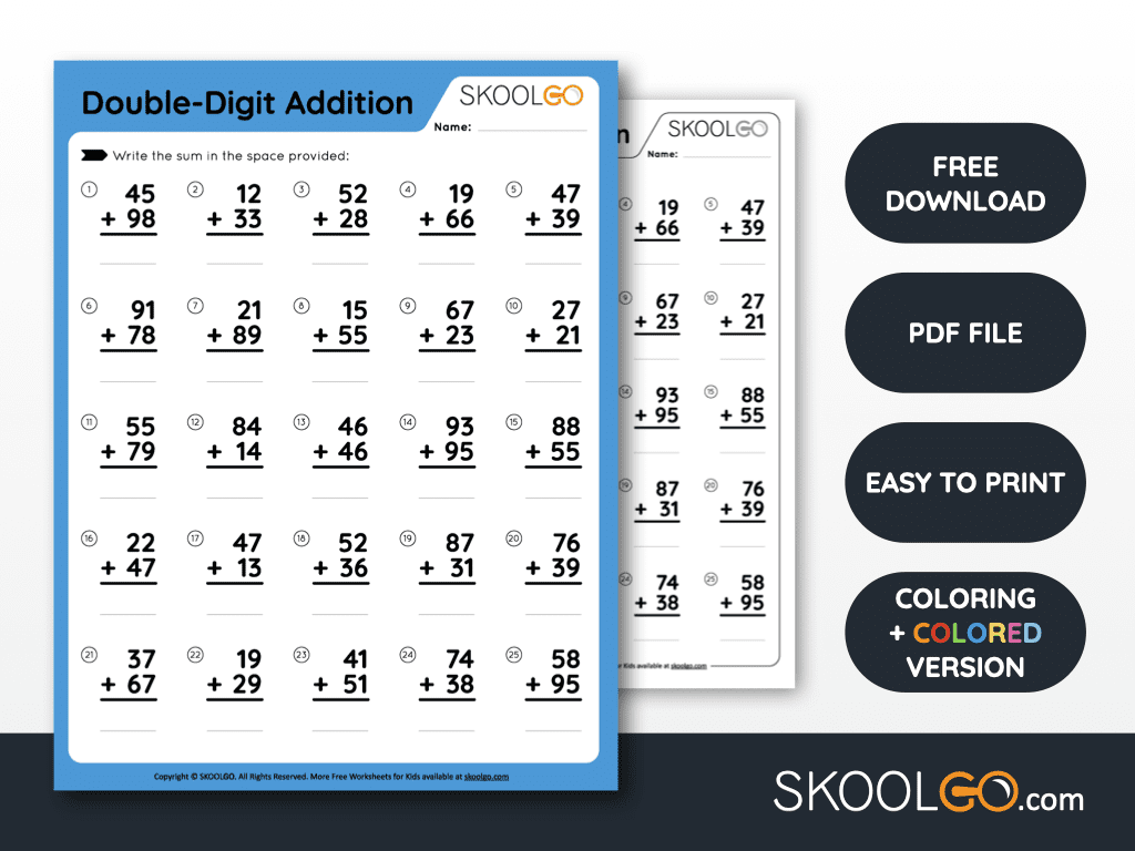 Double Digit Addition Free Worksheet For Kids SKOOLGO