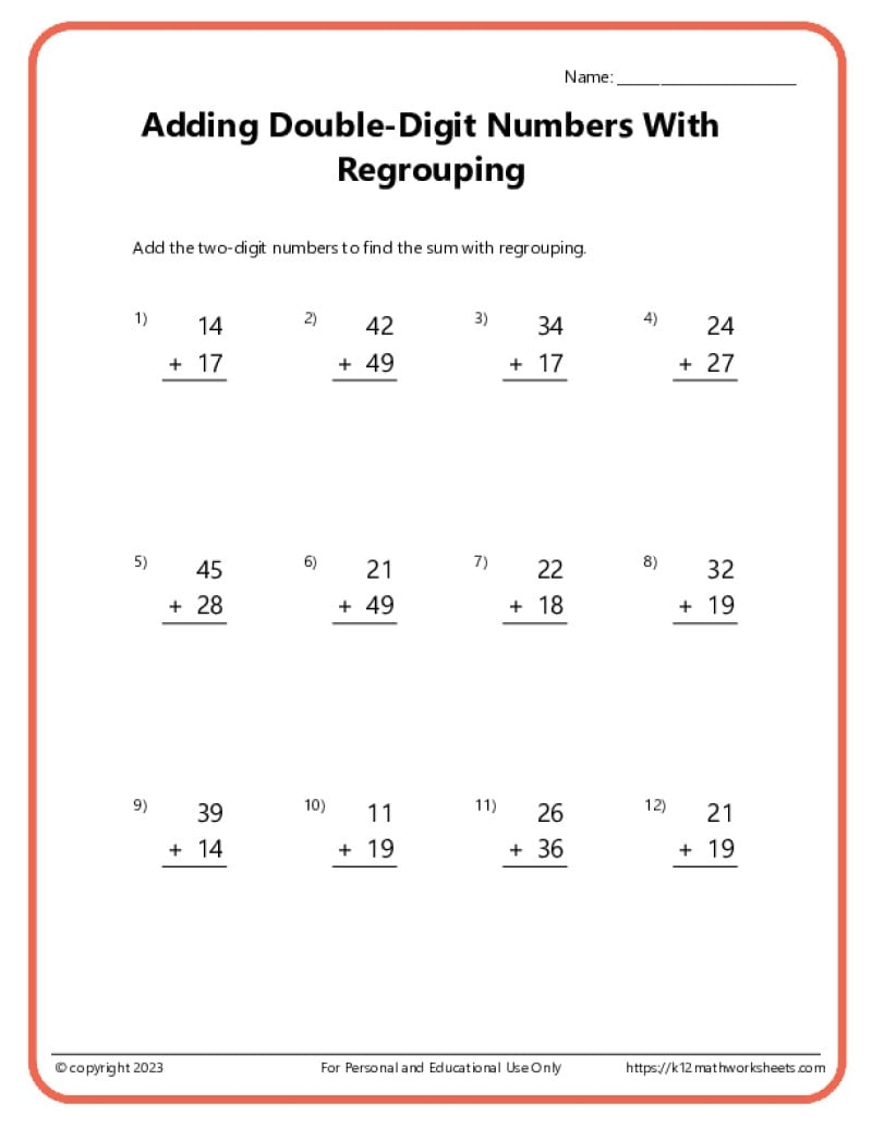 2 digit addition with regrouping worksheets