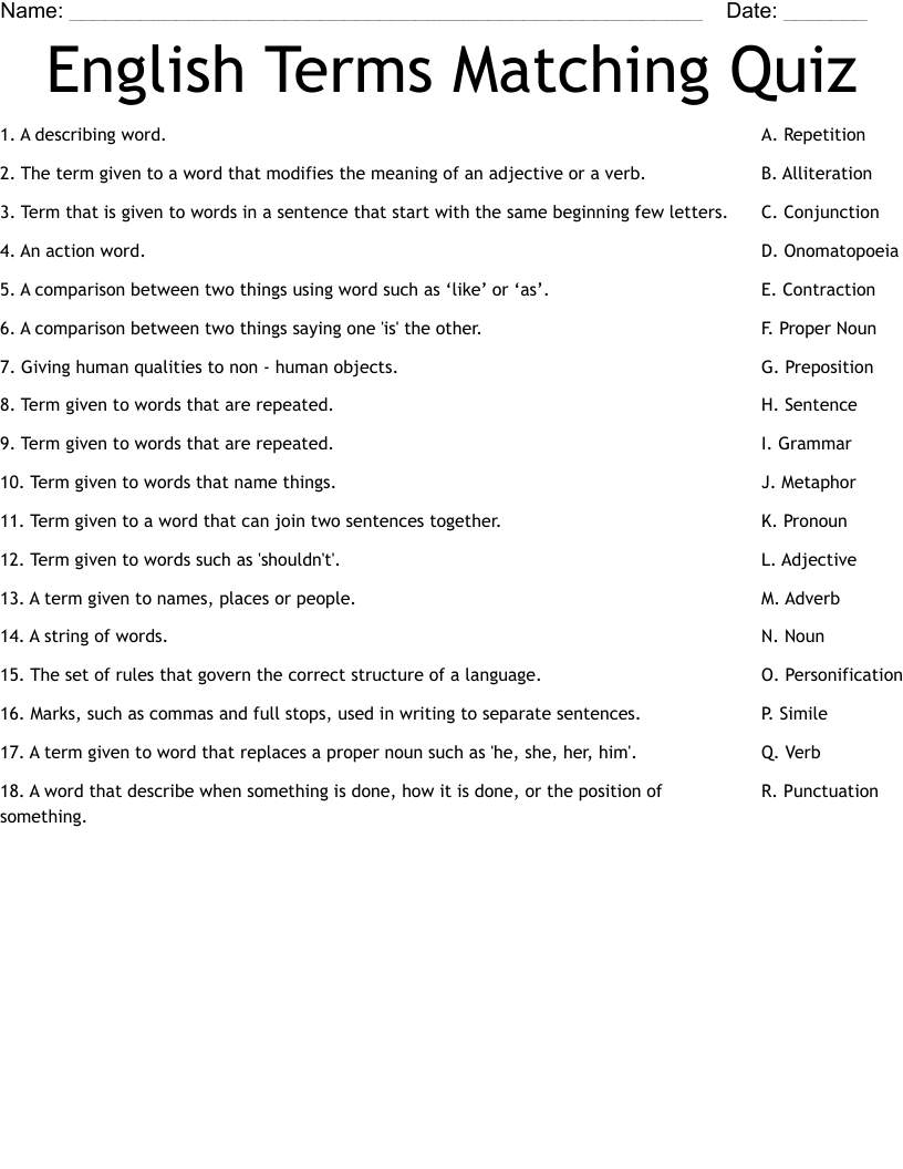 English Terms Matching Quiz Worksheet WordMint