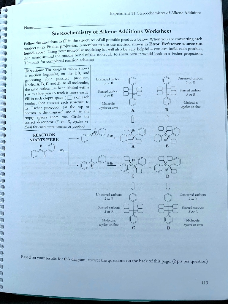 Experitnent Stereochemistry Of Alkene Additions Name Stercochemistry Of Alkene Additions Worksheet Fillin The Structures Of All