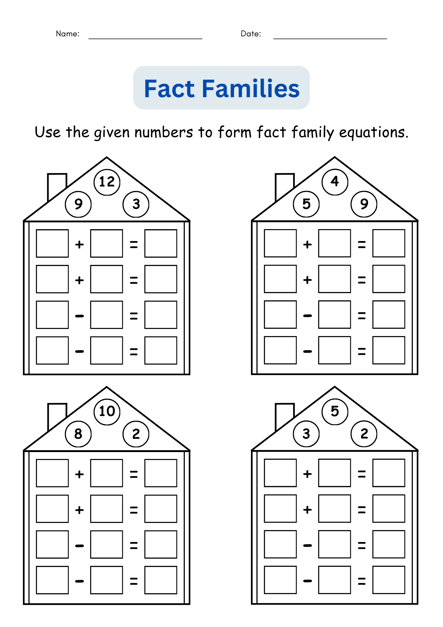 addition subtraction fact families worksheets