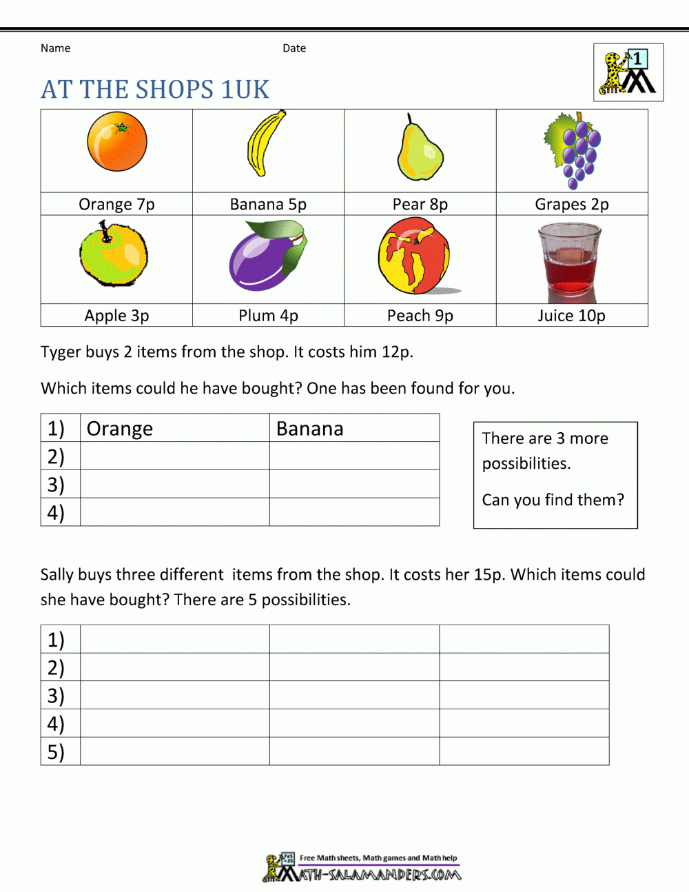 math work for first graders