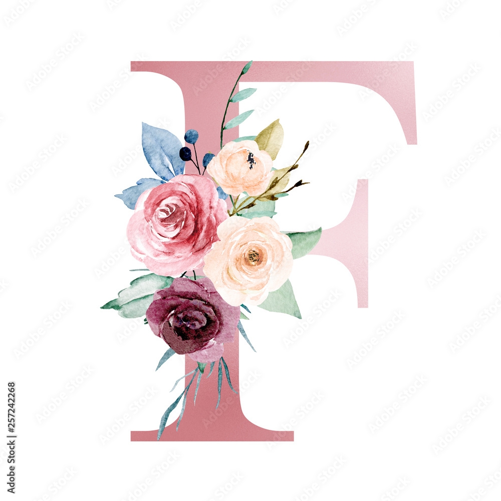 Floral Alphabet Letter F With Watercolor Flowers And Leaf Monogram Initials Perfectly For Wedding Invitations Greeting Card Logo Poster And Other Design Hand Painting Stock Illustration Adobe Stock