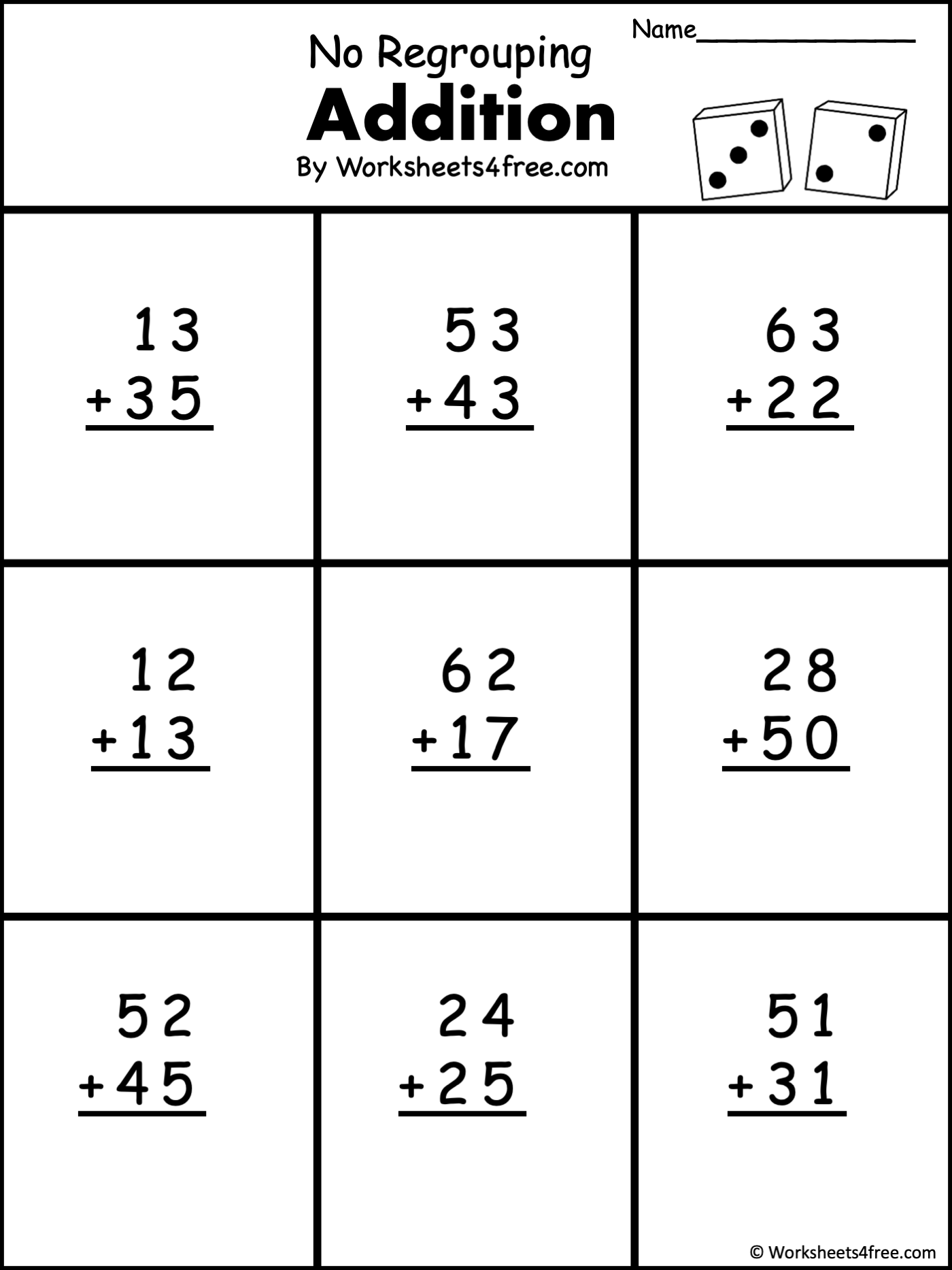 addition worksheets without regrouping