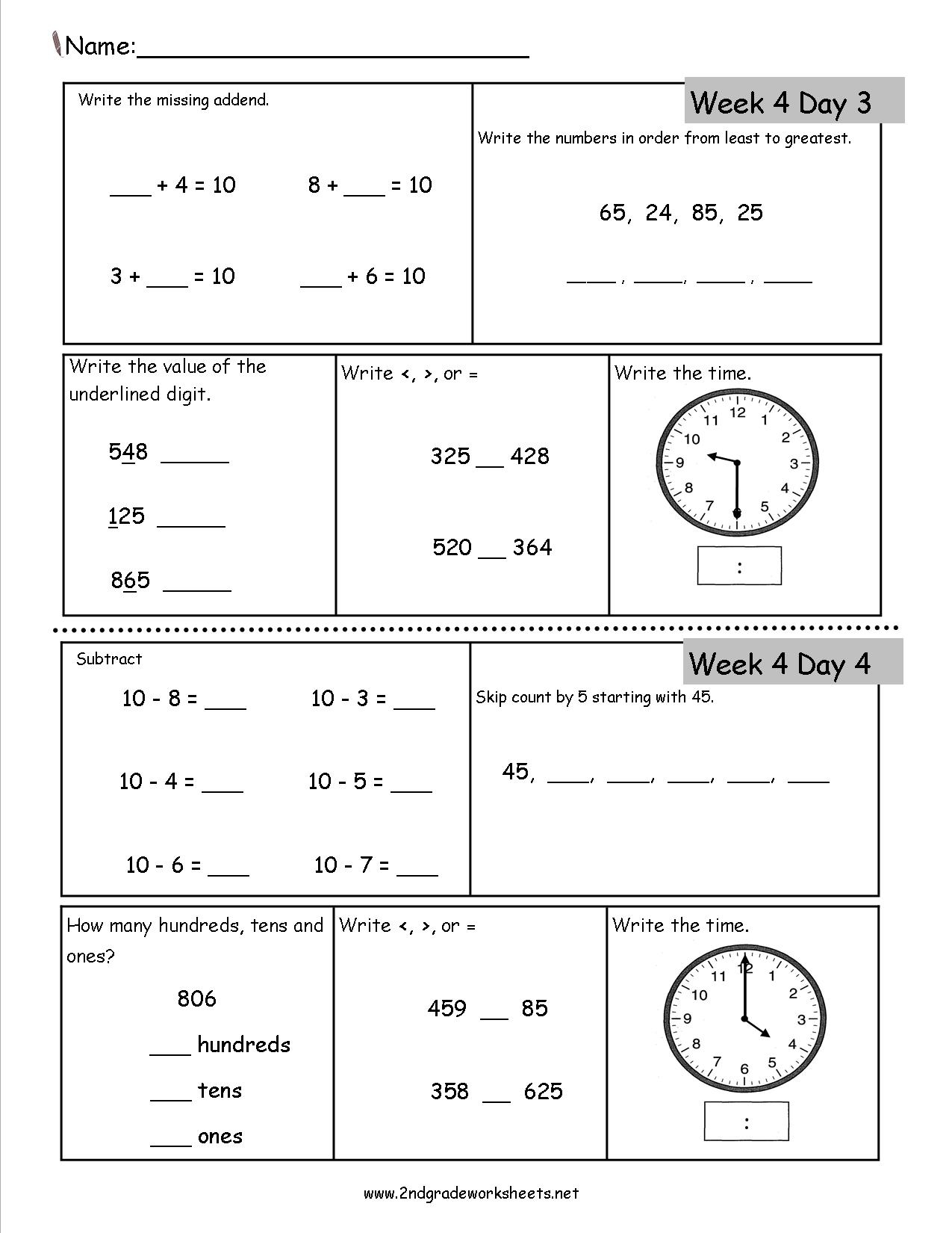 second grade math worksheets