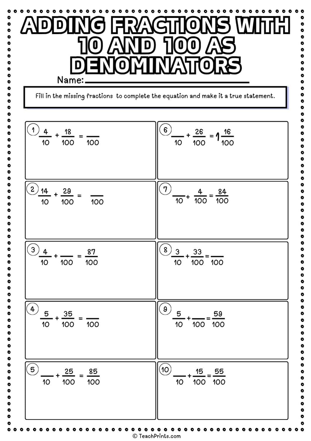 adding fractions with 10 and 100 as denominators worksheets
