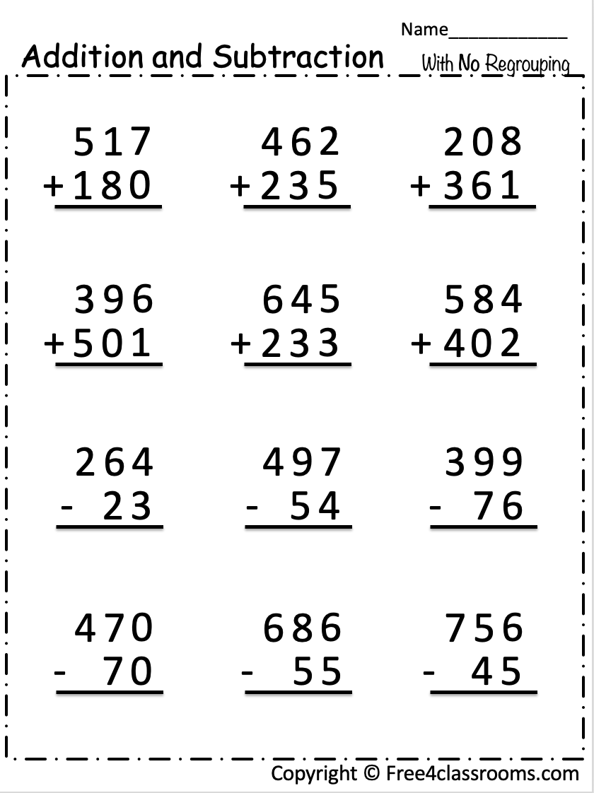 Free Addition And Subtraction Worksheet 3 Digit Numbers With No Regrouping Free Worksheets Free4Classrooms