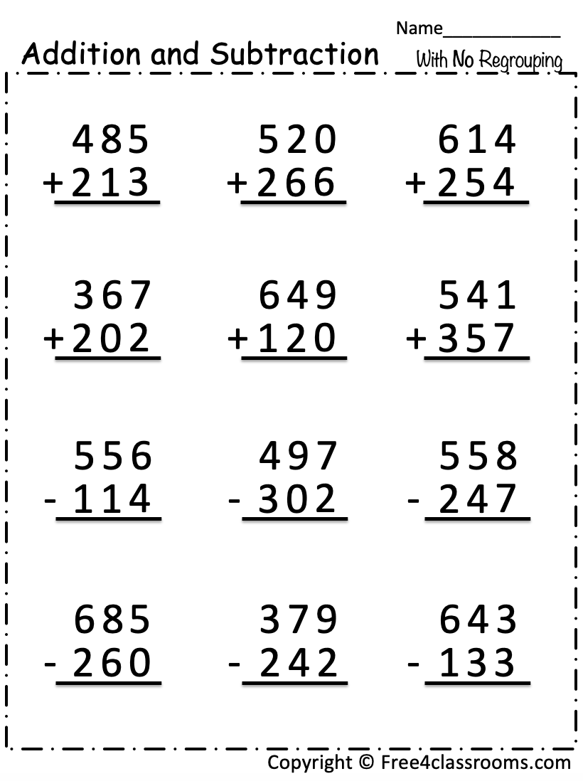 Free Addition And Subtraction Worksheet 3 Digit Numbers With No Regrouping Free Worksheets Free4Classrooms