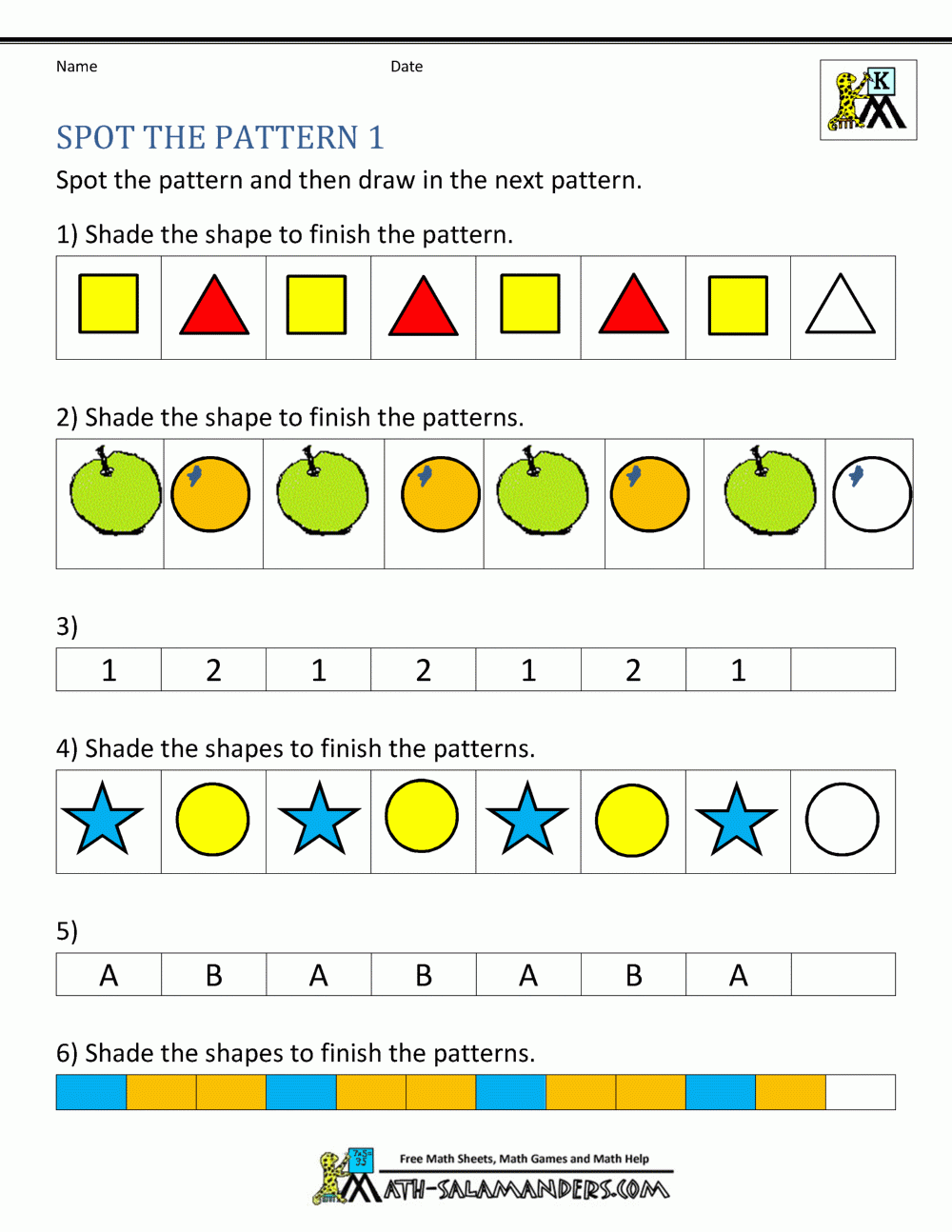 free printable patterns worksheets for kindergarten