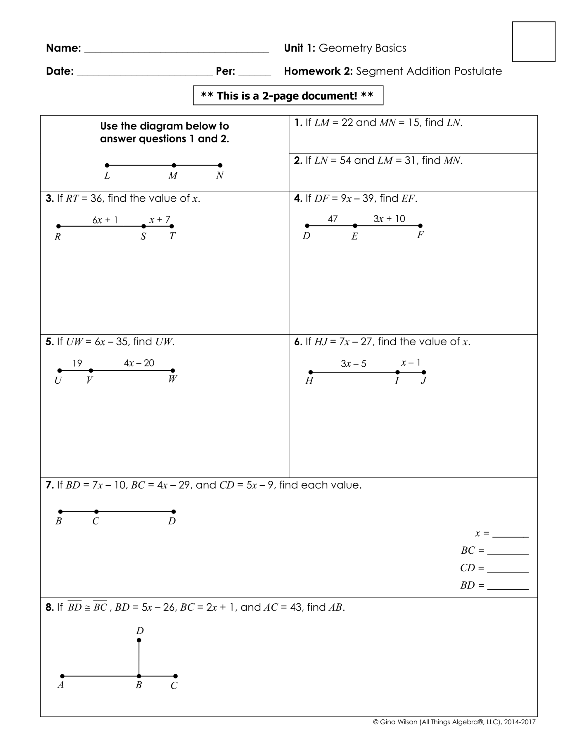 segment addition worksheet