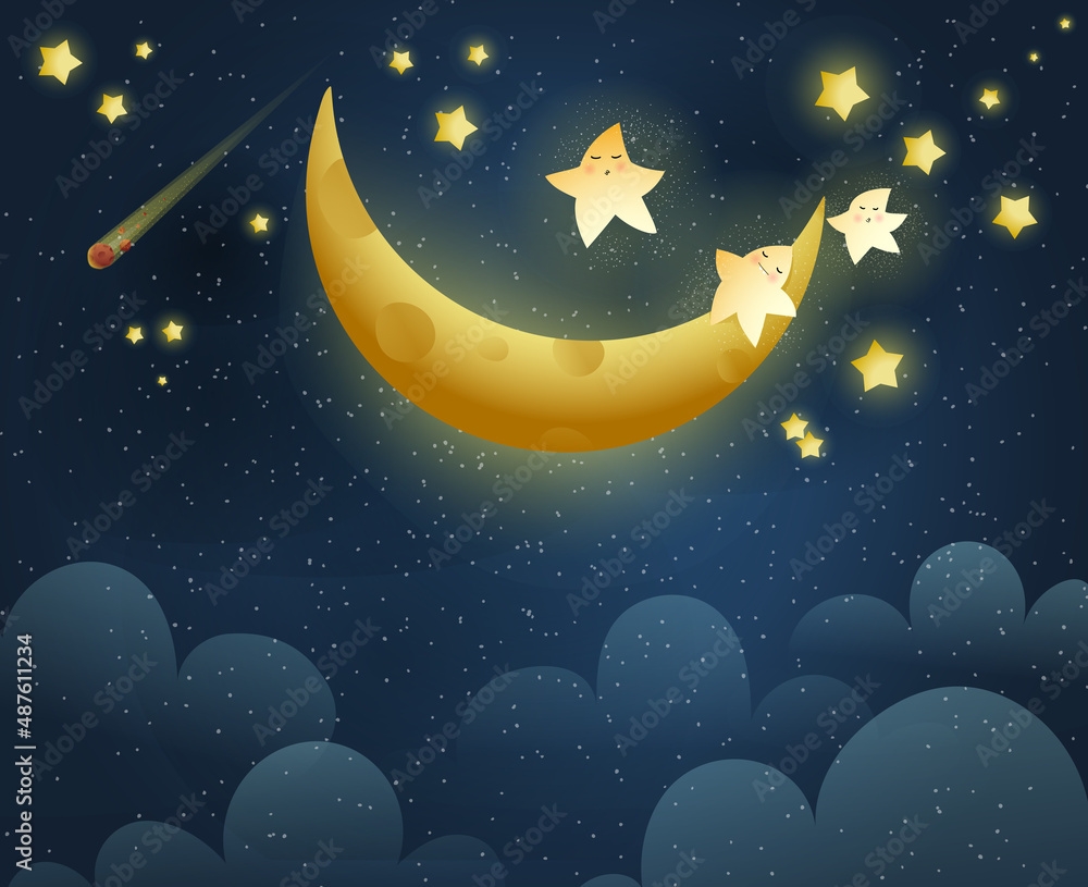 Golden Moon Sleeping And Shiny Stars Cosmic Background With Clouds Stars And A Crescent Cute Sleeping Stars And The Moon At Starry Night Vector Illustration For Children And Little Kids Stock Vector 