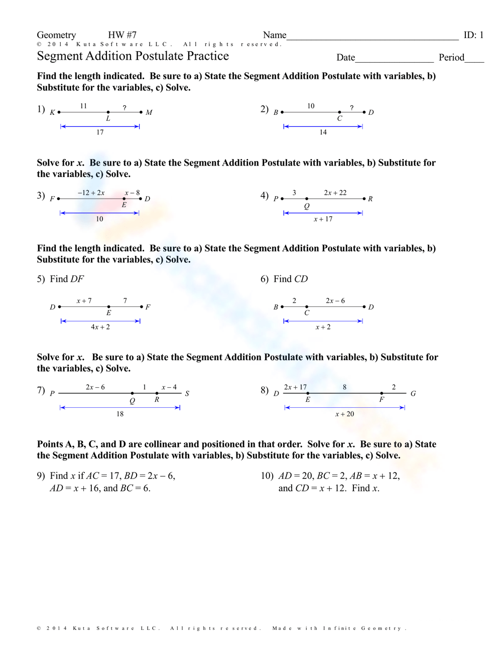 Grade 10 Segment Addition Postulate Worksheets 2025