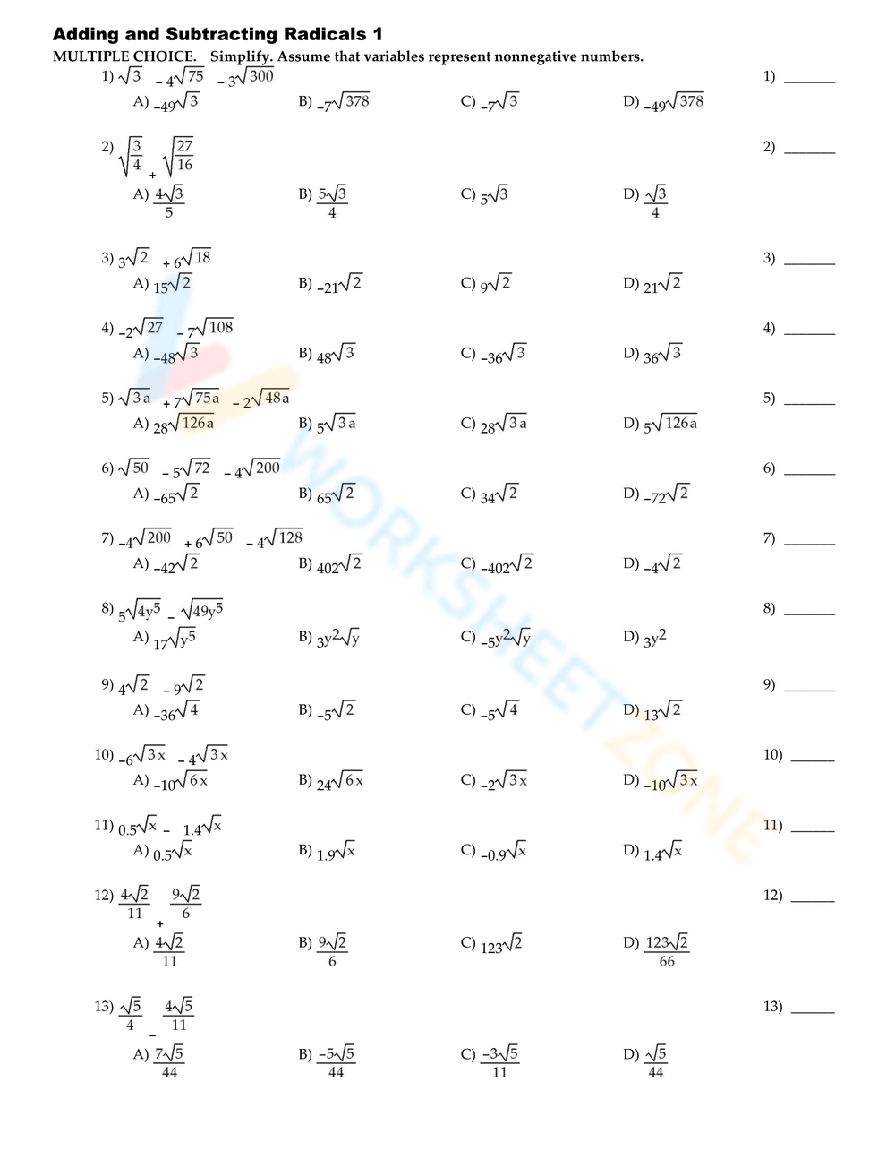 Grade 7 Adding And Subtracting Radicals Worksheets Printable
