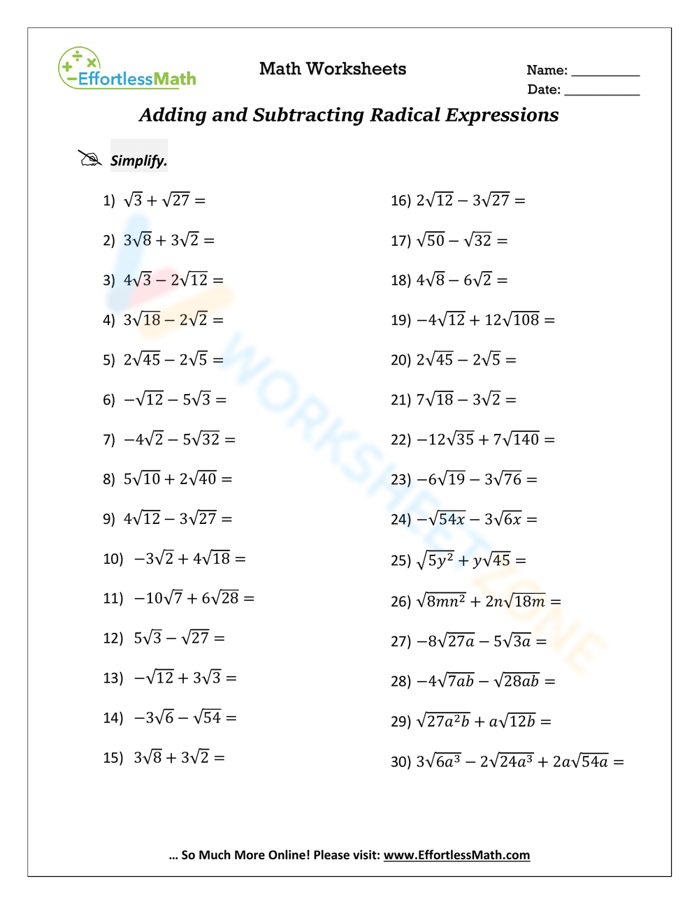 addition and subtraction of radicals worksheet addition and subtraction of radicals worksheet