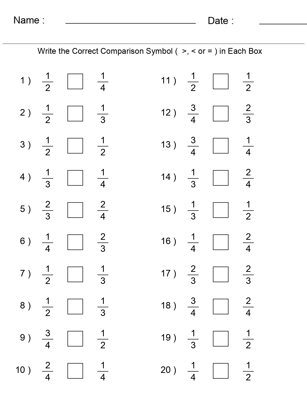 Greater Than Less Than Comparing Fractions Worksheets Made By Teachers