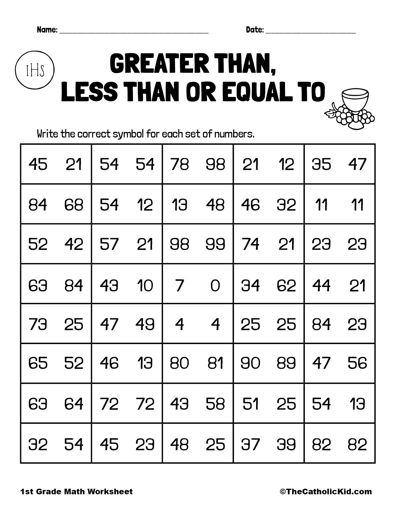Greater Than Less Than Or Equal To 1st Grade Math Worksheet Catholic TheCatholicKid