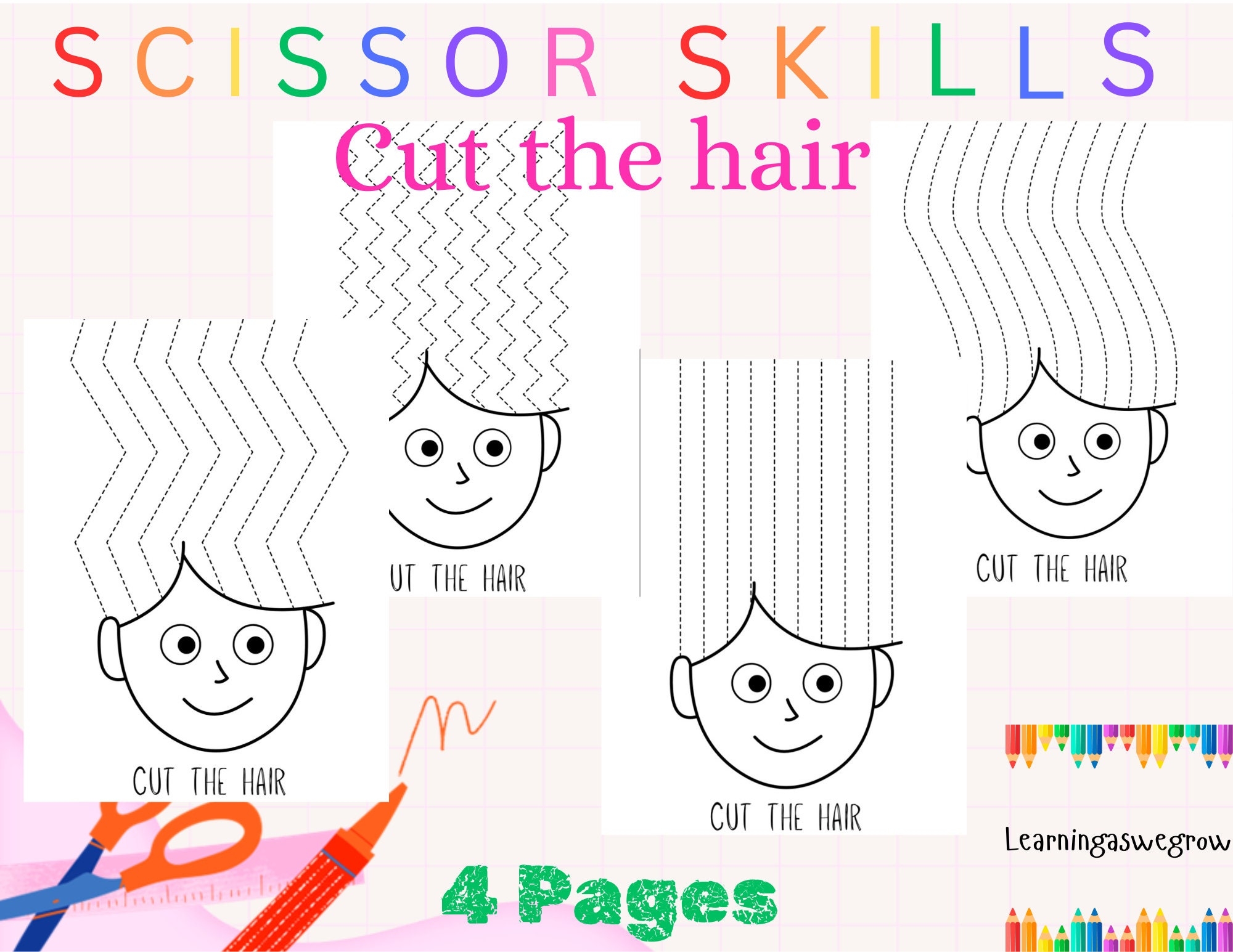 Hair Cutting Activity Scissor Skills Cutting Practice Cutting Worksheets Preschool Homeschool Activity Digital Download Etsy
