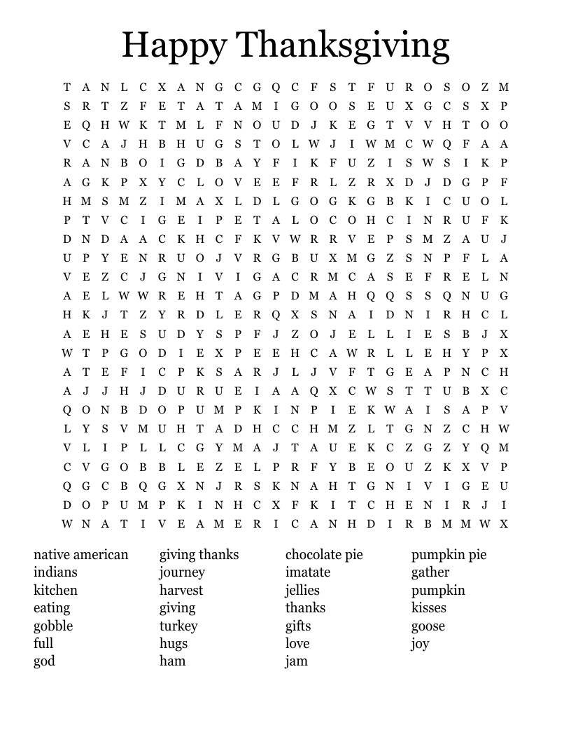 Happy Thanksgiving Word Search WordMint