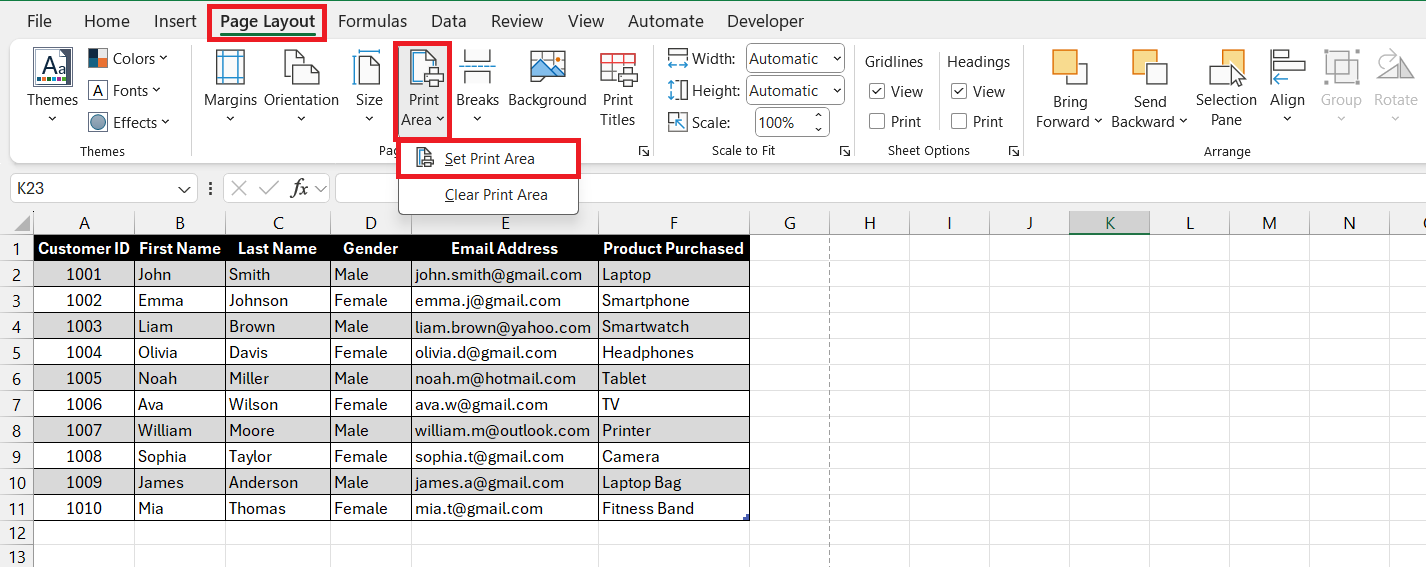 how to print spreadsheet