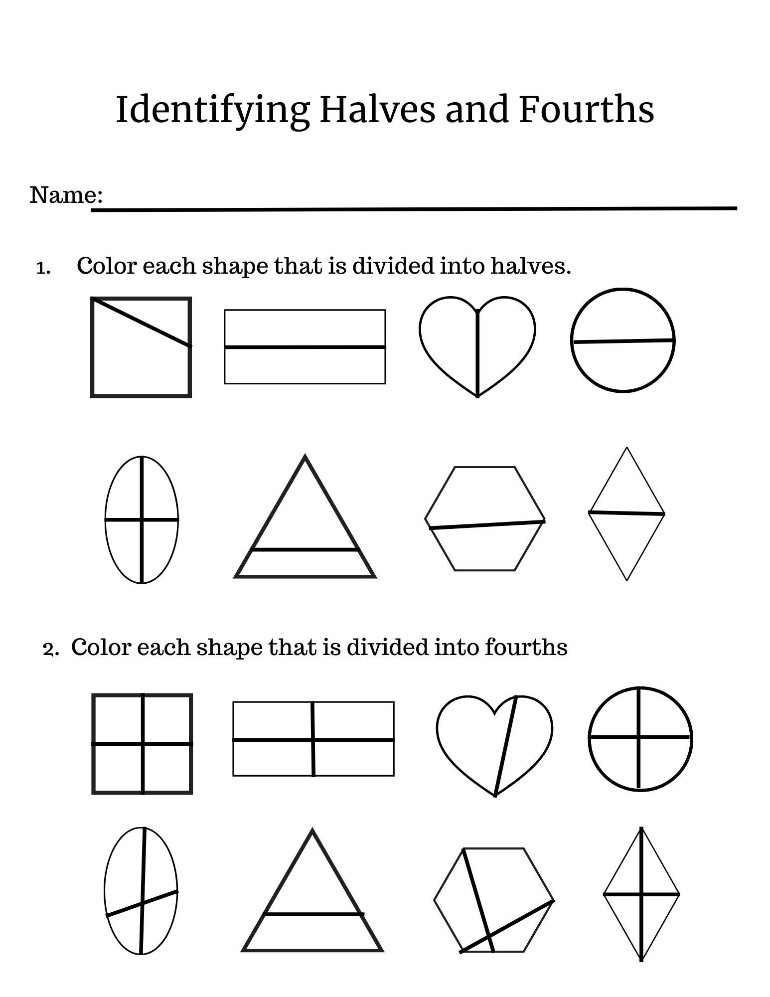 Identifying Halves And Fourths Worksheet Digital Download First Grade Special Education Homeschool Fraction Practice Etsy