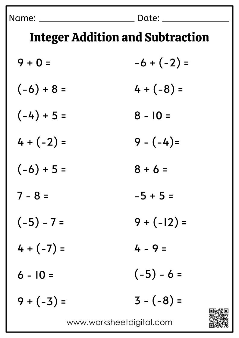 integer addition and subtraction worksheet
