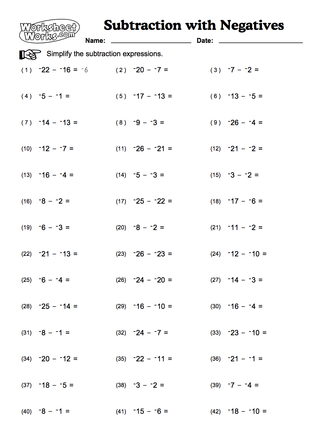 negative numbers addition and subtraction worksheet